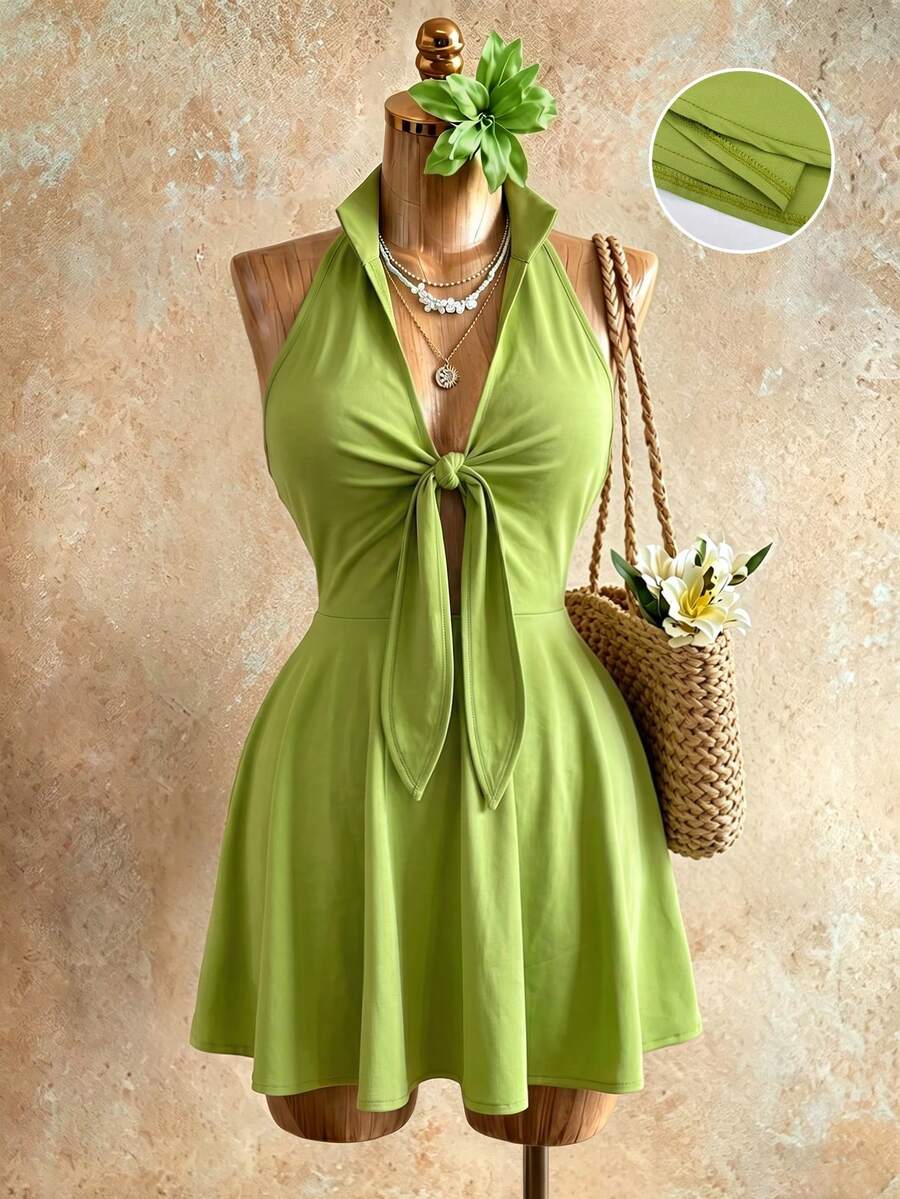 SaltGleam SaltGleam Đầm chữ A thanh lịch, không tay, cổ đứng, thắt eo phía trước dành cho nữ - Màu xanh chanh - Xem 1