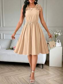 SHEIN Lady 女士中长连衣裙 - 卡其色 - 查看 4