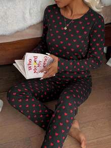 Heart Print Long Sleeve Top And Pants Pajama Set - Black - View 2