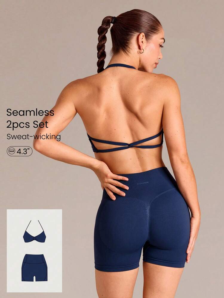 Ultrafine Soft Seamless SummerGlow Open Back Ruched Bust Halter Sports Bra & 4.3" Scrunch Butt-Lifting Non-See Through Biker Shorts Active Set Medium Impact Summer Training Gym Wear