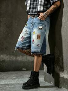 Manfinity EMRG Unisex Heavy Embroidered Patch Washed Denim Shorts - Blue - View 6