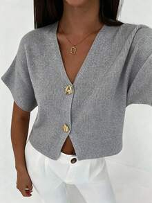 Aloruh Women's Metal Single-Breasted Short Sleeve Casual Thin Cardigan - Light Grey - View 7