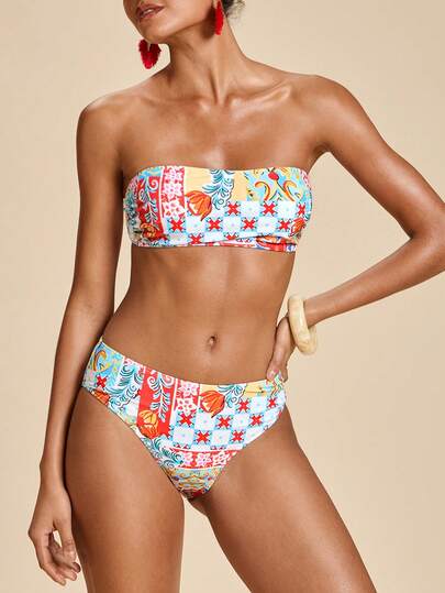 Travachic Damskie bikini bandeau z kwiatowym nadrukiem, letnie stroje dla kobiet, stroje kąpielowe dla kobiet, kostiumy kąpielowe dla kobiet