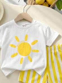 SHEIN Playful Pals 2件組女嬰6個月-3歲白色向日葵印花T恤與條紋短褲套裝，夏季休閒度假假日校園戶外穿著 - 彩色 - 查看 4
