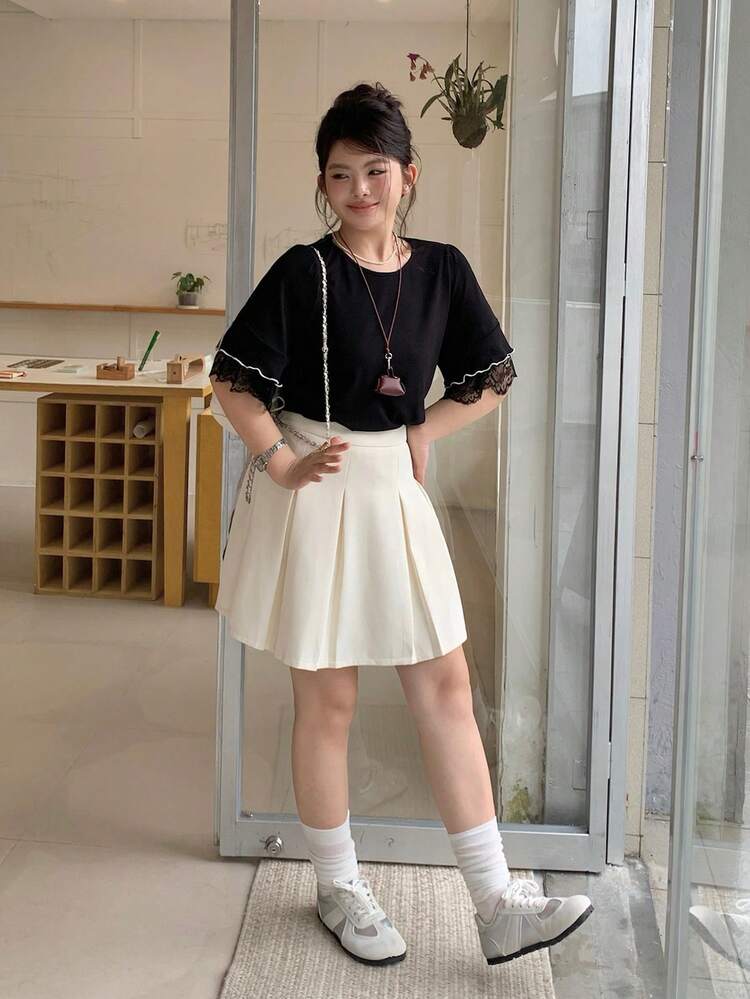 Dazy Plus Colorblock Sheer Lace Patchwork Short Sleeve Loose Casual Versatile Plus Size Women Black T-Shirt, Spring/Summer