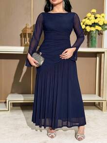 Feyla Plus Size Women Solid Color Contrast Mesh Ruffle Elegant Dress Wedding Gym Navy Blue Autumn Fall - Navy Blue - View 3