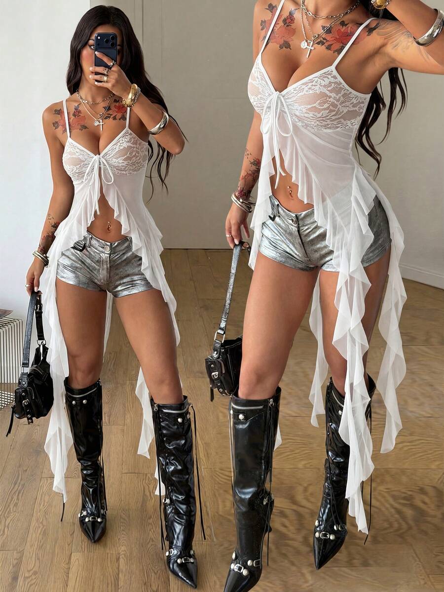 Coolane Damen Sommer Festival Musik Festival Vintage Y2K Leopard Spitze Dehnbar Farbblockiert Schwarze Trägertops - Weiss - Übersicht 1