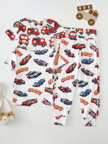 SHEIN Celana Panjang Lengan Pendek Leher Bulat Motif Mobil Putih Pas Badan Kasual untuk Anak Laki-Laki, Cocok untuk Semua Musim - Putih - View 3