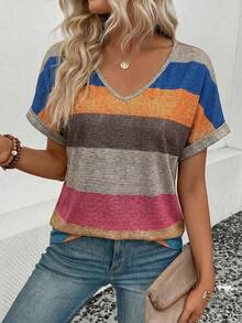 Nueva moda Camiseta de manga corta de mujer casual y versátil con textura de punto y estampado de rayas de colores - Multicolor - Ver 4