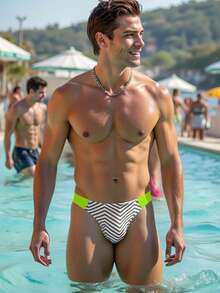 Surfspeed Men's Summer Vacation Beach Zigzag Pattern Triangle Swim Trunks - Green - View 4