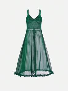 Bella Beso Pailletten-Patchwork-Transparent-Mesh-Cami-Lingerie-Pyjama-Kleid für Zuhause und Schlaf, langes Kleid für den Sommer - Dunkelgrün - Übersicht 2
