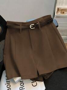 Franclia Casual & Commuting Fashion Versatile Mid-High Waist Belted Summer New Solid Color Khaki Shorts For Women - Chocolate Brown - View 4