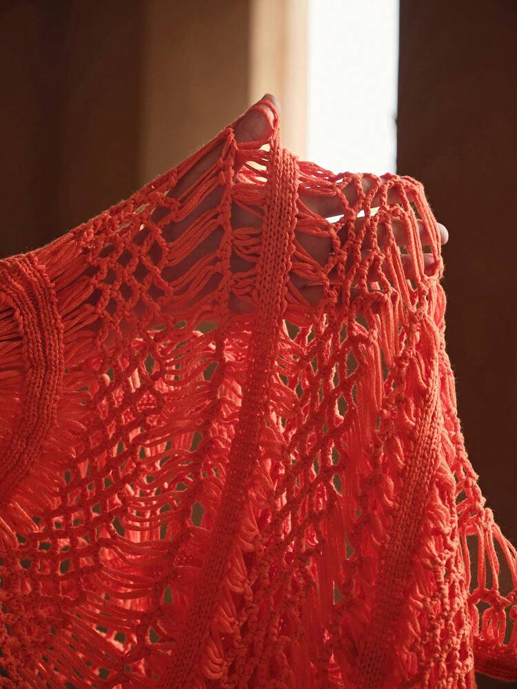 ELEGANT ROMANTIC V-NECK COVER UP, HANDMADE CROCHET WAVY TEXTURE WOMEN'S BEACH VACATION BOHEMIAN SHEER KNIT COVER-UP