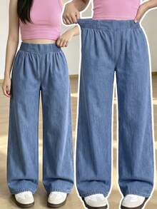 SHEIN Calça jeans feminina para adolescentes, lançamento 2026, estilo casual e moderno para o verão. Jeans azul médio, cintura elástica com pregas, modelagem reta e solta. Confeccionada em tecido jeans leve e macio, confortável e agradável ao toque. Uma peça essencial para meninas, com estilo minimalista e casual, perfeita para o verão, uso diário, ensaios fotográficos, passeios, festas, festivais de música, férias e muito mais. - Lavagem Média - Ver 1