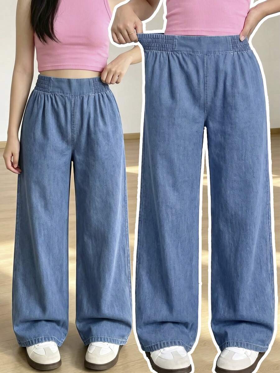 SHEIN Calça jeans feminina para adolescentes, lançamento 2026, estilo casual e moderno para o verão. Jeans azul médio, cintura elástica com pregas, modelagem reta e solta. Confeccionada em tecido jeans leve e macio, confortável e agradável ao toque. Uma peça essencial para meninas, com estilo minimalista e casual, perfeita para o verão, uso diário, ensaios fotográficos, passeios, festas, festivais de música, férias e muito mais. - Lavagem Média - Ver 1
