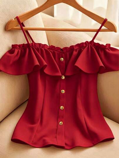Franclia Blusa de mujer de un solo pecho con volantes y hombros descubiertos de unicolor