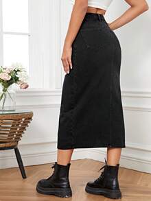SHEIN Essnce High Waist Split Thigh Denim Skirt - Black - View 6