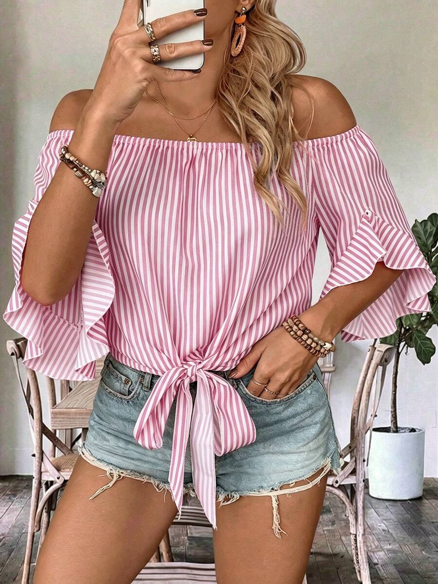 EMERY ROSE Camisa casual con hombros descubiertos y lazada, a rayas, talla grande - Rosa - Ver 1