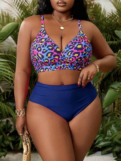 Slaydiva Bộ đồ bơi cỡ lớn dành cho nữ, gồm áo tankini in họa tiết da báo nhiều màu sắc và quần bơi màu hồng cánh sen, thích hợp cho hồ bơi, bãi biển và kỳ nghỉ.