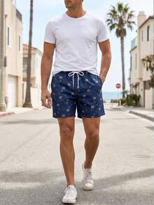 Naviga Onda Men's Drawstring Waist All-Over Print Casual Beach Shorts - Blue - View 3