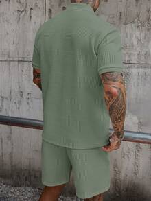 Manfinity Homme Setelan Kemeja Polo Lengan Pendek dan Celana Pendek Kasual Pria Warna Polos, Musim Panas - Mint Green - View 2
