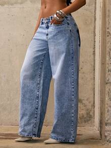 Denimoi Denim Verbiage Washed Straight Leg Jeans Fashionable Streetwear Statement Jeans Washed Jeans - Light Wash - View 3