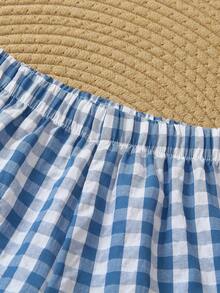 2pcs/Set Young Boy Casual Fashion Letter Print Round Neck Top And Plaid Print Shorts, Suitable For Spring/Summer Outdoor & Daily Wear - Blue and White - View 7