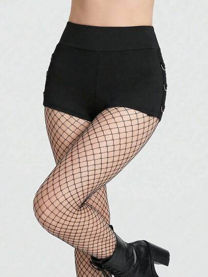 Breakform Shorts Elásticos de Cintura Baixa e Sexy Estilo Gótico para Mulheres, Shorts Femininos, Shorts Femininos com Fivela Circular Lateral e Argola Metálica, Shorts Superjustos de Tecido Malha