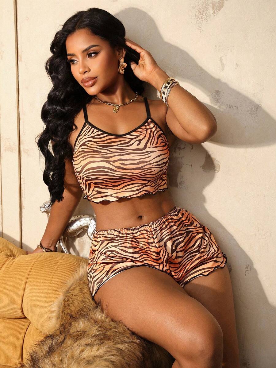 Bare Chapter Leopard Print Women's Pajama Set, Sexy Camisole And Shorts 2pcs - Multicolor - View 1