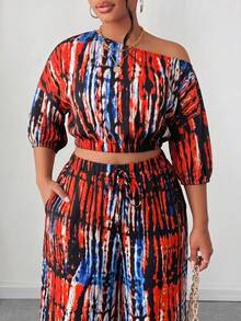 Maweii Setelan 2 Potong Lengan Pendek Kerah Asimetris Motif Fashion Ukuran Plus - MultiWarna - View 6