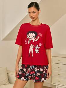 Betty Boop x SHEIN Women's Casual Cartoon Portrait Pattern Round Neck Short Sleeve T-Shirt And Shorts Pajama Set, Summer - Red - View 7