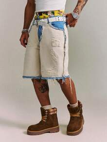CRAVYNX Manfinity Streetrush Men's Contrast Color Fringe Casual Denim Shorts - Khaki - View 4