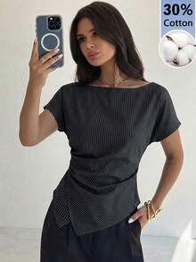 Firerie Áo sơ mi nữ 30% cotton kẻ sọc đen trắng vạt lệch - Trang phục công sở thanh lịch, thoải mái cho mọi mùa, hoàn hảo cho đi làm, mặc hàng ngày, phong cách công sở thường ngày, đi học, trang phục giáo viên. - Nhiều màu - Xem 2