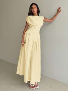 Aloruh Women's Spring/Summer New Elegant Fashionable Design Pleated Waist Flared Dress Vacation Pale Yellow, Graduation Clothing - Light Yellow - View 3
