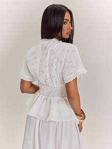 SHEIN BAE Women's Summer Vacation Solid Color Hollow Embroidery V-Neck Waist Shirt,Summer Top Tea Party White Elegant - White - View 2