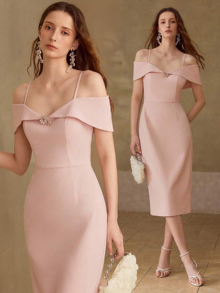 WOMEN'S ELEGANT MINIMALIST COLD SHOULDER RHINESTONE DECOR FITTED MID-LENGTH DRESS