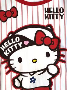 HELLO KITTY AND FRIENDS | SHEIN Plus Size Women Striped Contrast Round Neck Short Sleeve T-Shirt - White - View 3