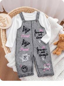 SHEIN Bộ áo liền quần cho bé gái chất liệu denim, in hình bướm, trái tim và chữ cái. - Xám - Xem 7