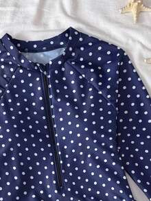 SHEIN 少女波点长袖连体泳衣，适合海滩度假、泳池派对、沙滩派对 - 藏蓝色 - 查看 3