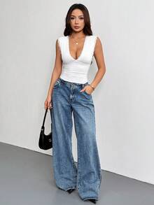 SHEIN MOOSTA Áo liền thân nữ cổ chữ V khoét sâu, kiểu dáng tối giản, thích hợp cho mùa xuân/hè. - trắng - Xem 5