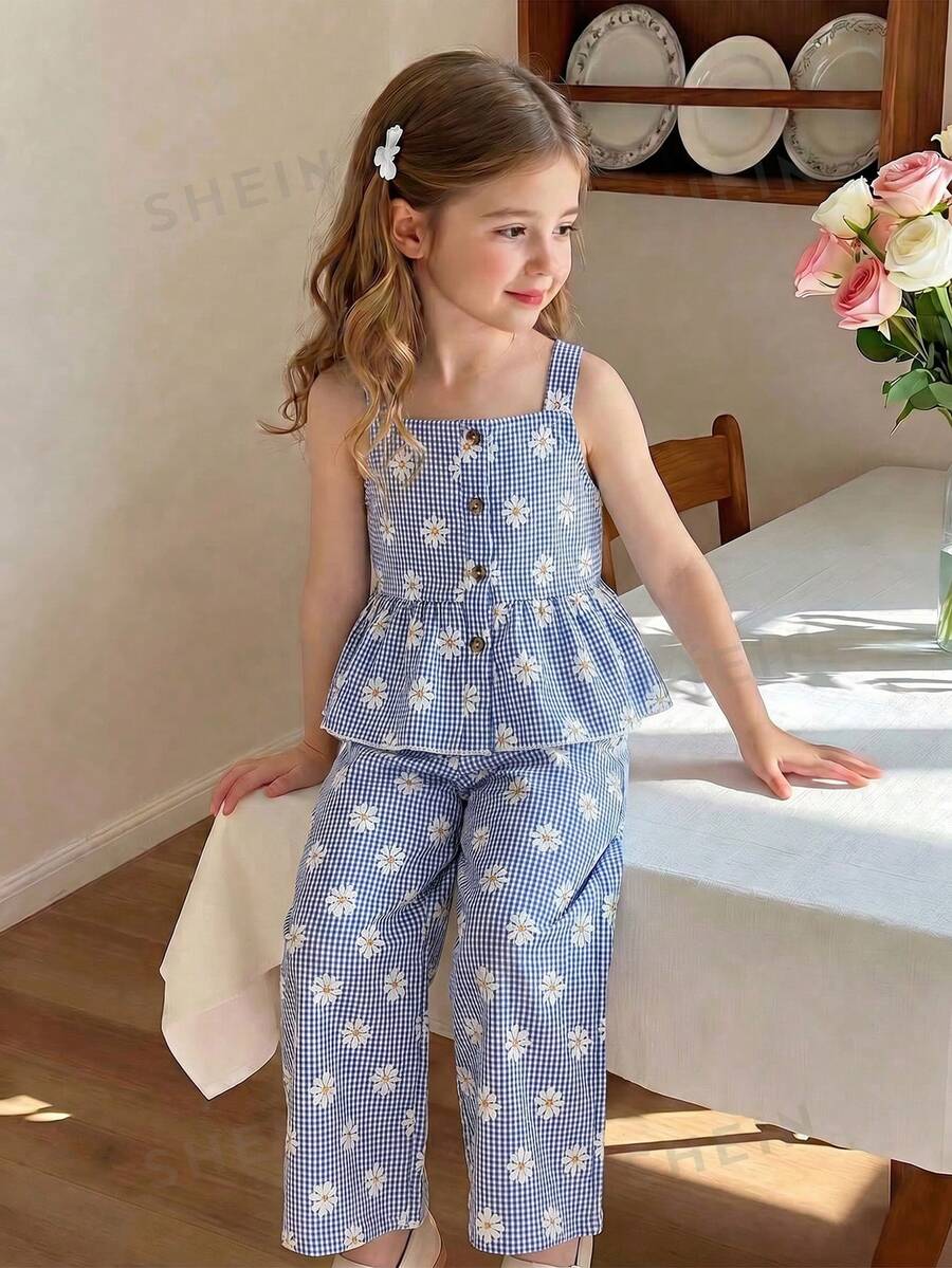 SHEIN Elladie kids 女孩格紋雛菊印花套裝,藍色與白色方領細肩帶上衣與寬腿長褲,夏季家庭度假套裝,2件組 - 淺藍色 - 查看 1