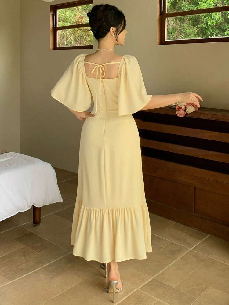 Women's Elegant Yellow Midi Dress, Spring & Summer