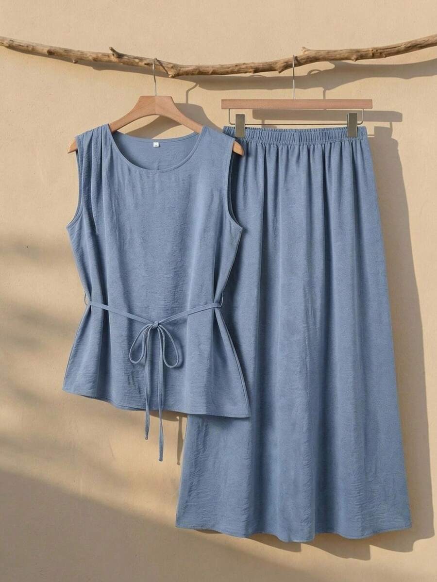 Rusticease Women's Solid Color Round Neck Sleeveless Blouse And Skirt Casual 2-Piece Set - Baby Blue - View 1