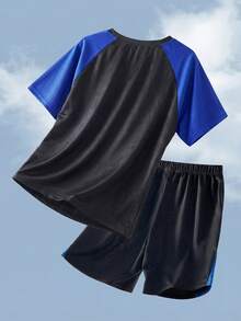 SHEIN 2件套青少年男童撞色字母印花短袖T恤和短裤运动套装 - 彩色 - 查看 3