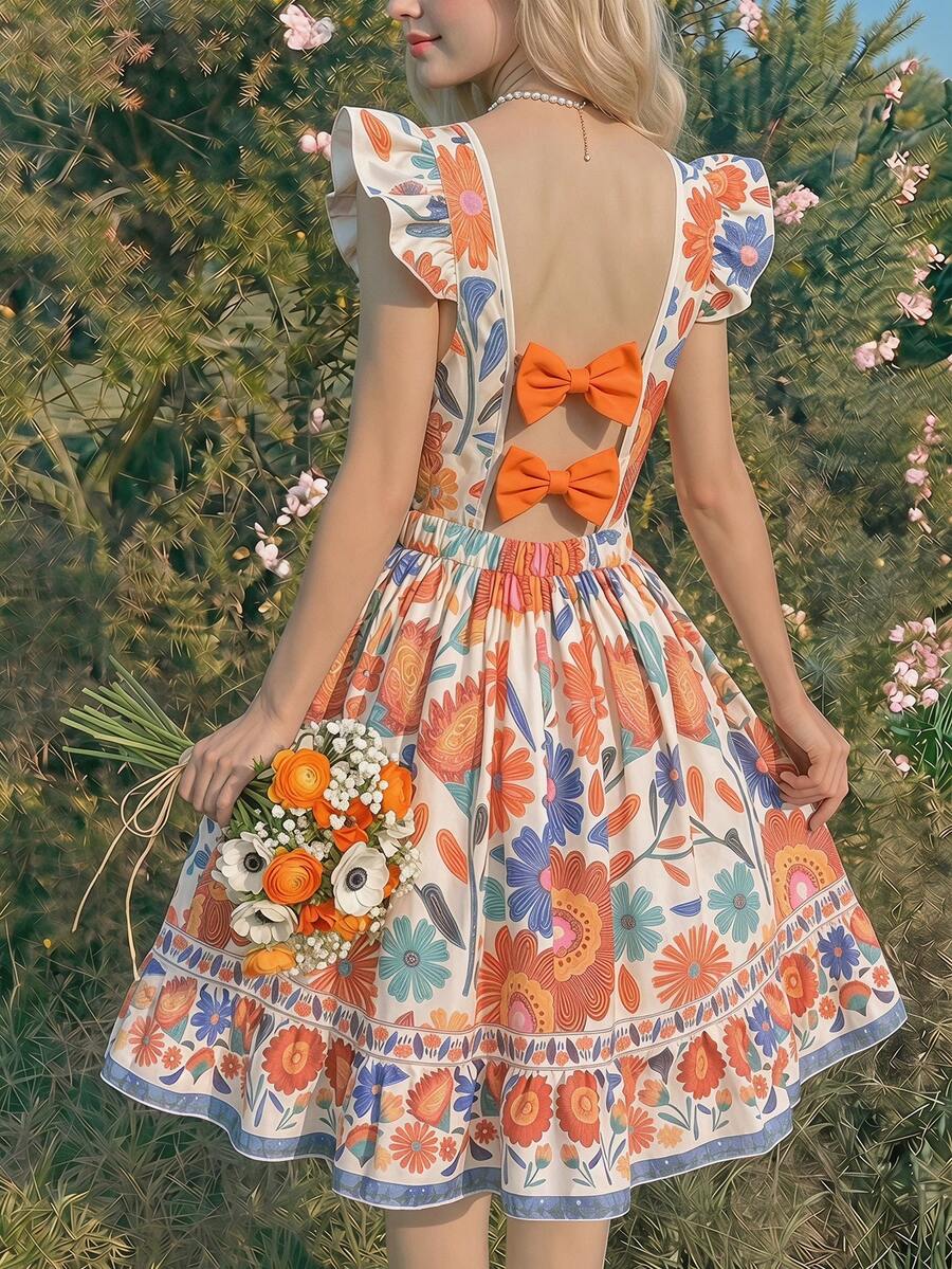 SHEIN 少女碎花露背蝴蝶结设计短袖收腰连衣裙 - 彩色 - 查看 1