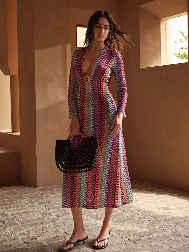 U-NECK DESIGN WITH FRONT METAL DECOR, FLARE SLEEVE, BOHEMIAN RELAXED ELEGANT WOMEN'S BEACH COVER-UP DRESS, MULTI-COLOR STRIPED TEXTURE
