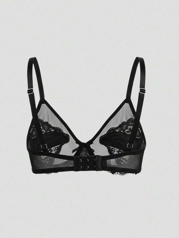 Lace Patchwork Semi-Sheer Slightly Gathered Adjustable Strap Bra For Women