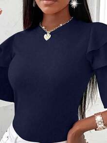 Cévolie Kaos Wanita Ukuran Besar Warna Polos Leher Bulat Pas Badan Kasual untuk Sehari-hari - Navy Blue - View 5