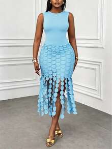 Xyvia Women's Water-Soluble Lace Tassel Round Neck Sleeveless Dress - Baby Blue - View 5