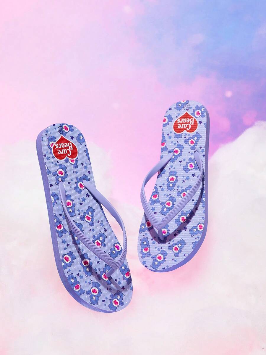 SHEIN X Care Bears 女款可愛卡通夾腳拖鞋 夏季卡通彩虹印花防滑度假沙灘涼鞋 - 淺紫色 - 查看 1